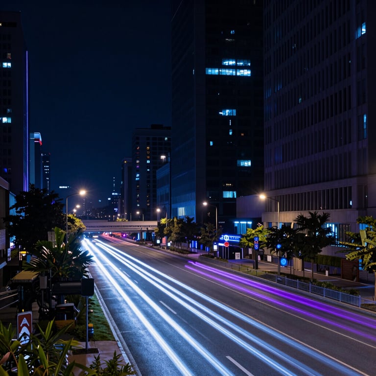 A high-speed long exposure of city traffic at night, creating electric blue and purple light trails against dark navy buildings.