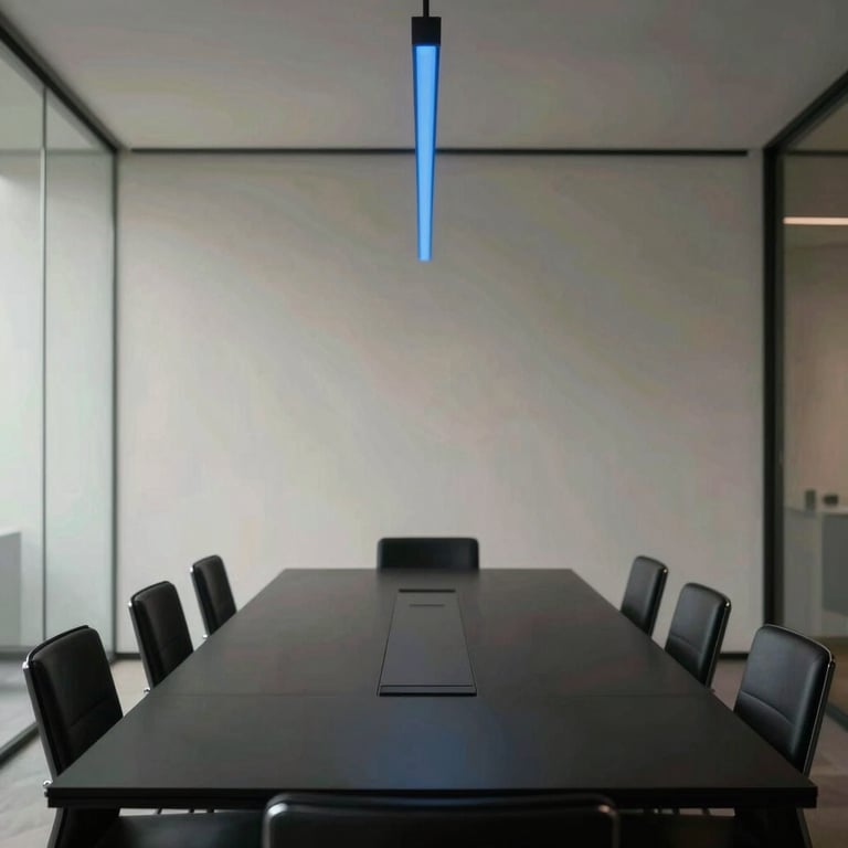A minimalist conference room with glass walls and a sleek black table, illuminated by a thin electric blue light fixture above.