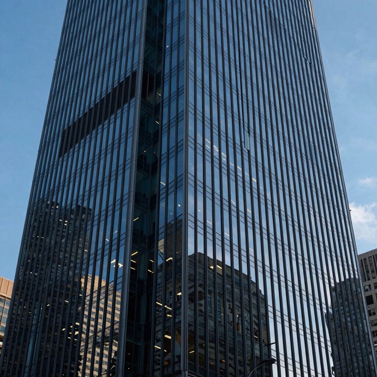 An architectural exterior of a modern glass skyscraper in a North American city center, reflecting a deep navy and electric blue sky.