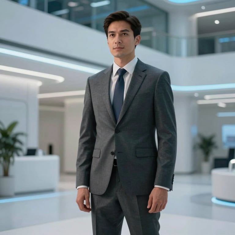 A stylish professional in a tailored suit standing in a futuristic lobby with clean lines and soft electric blue accent lighting in a US tech district.