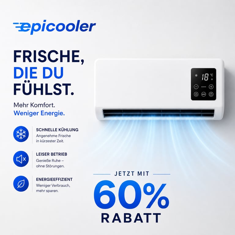 Epicooler Klimagerät mit modernem Design, kühler Luftströmung und 60 % Rabatt auf hellem Hintergrund