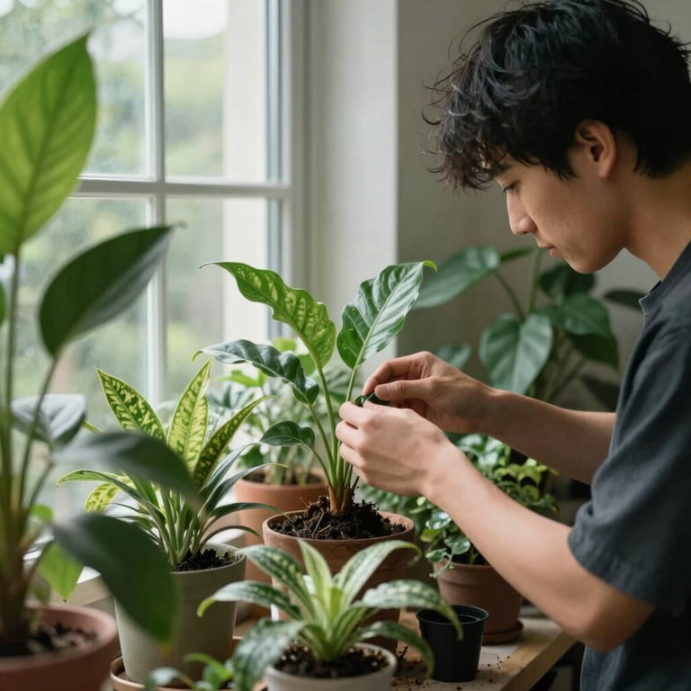 A person carefully tending to a variety of indoor plants near a large window, emphasizing attention to detail.