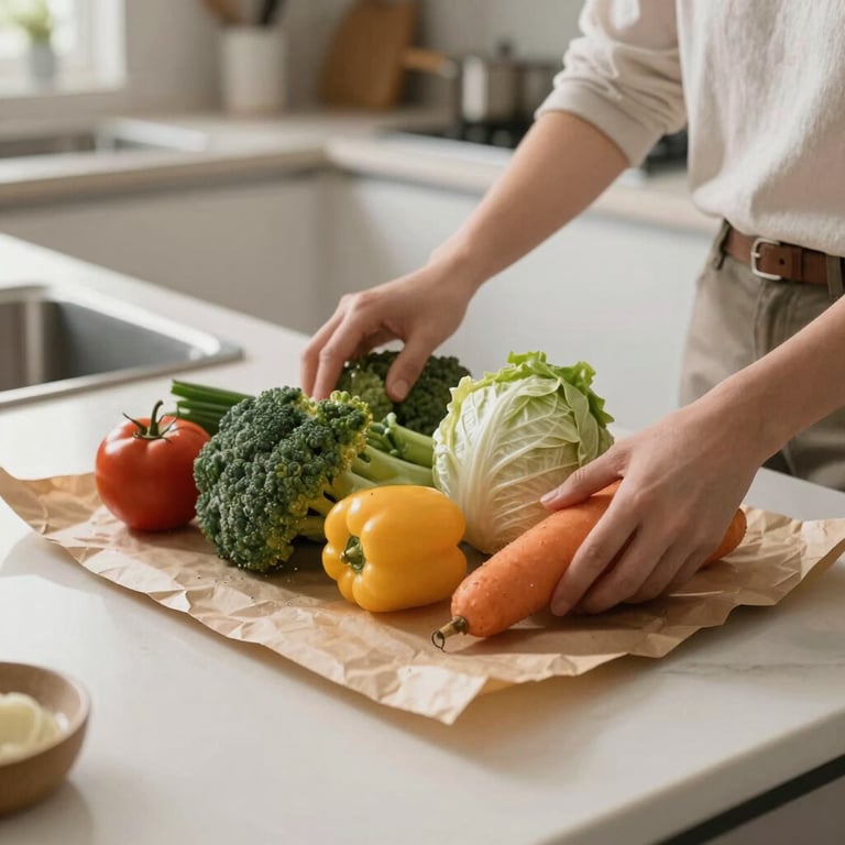A bright kitchen where a sitter is neatly organizing delivered groceries on a crisp parchment countertop.