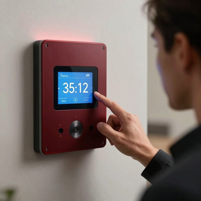 A professional checking a smart home security panel, with subtle deep ripe crimson lighting accents.
