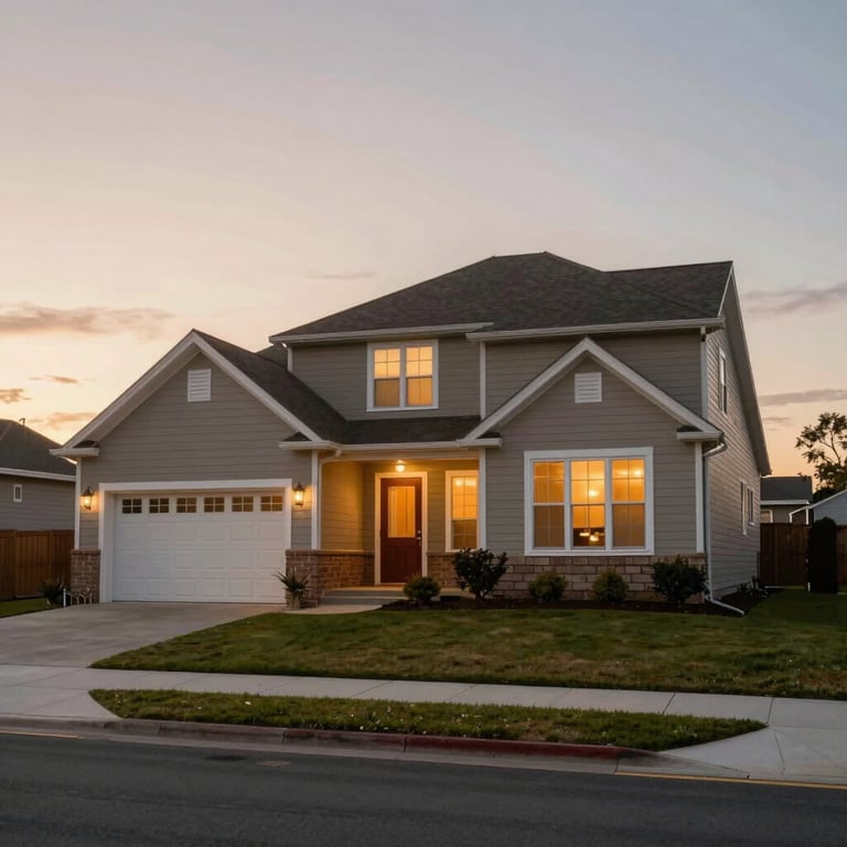 A wide shot of a beautiful, secure vacant home at sunset, looking well-maintained and cared for.