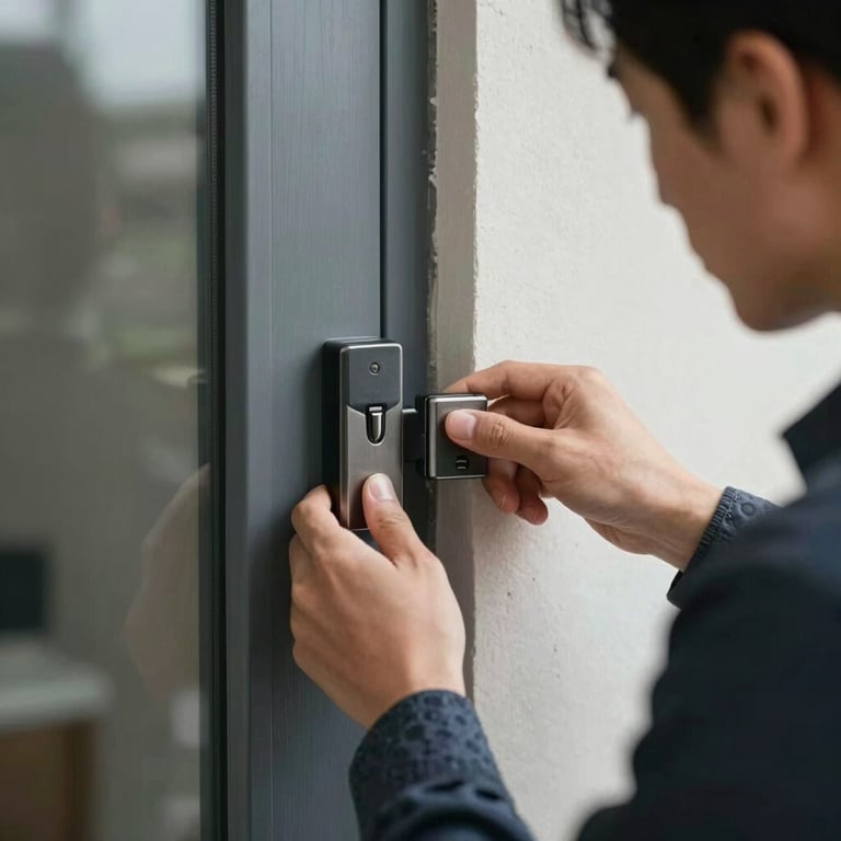 Detailed shot of a house sitter checking the perimeter locks of a modern home for security.