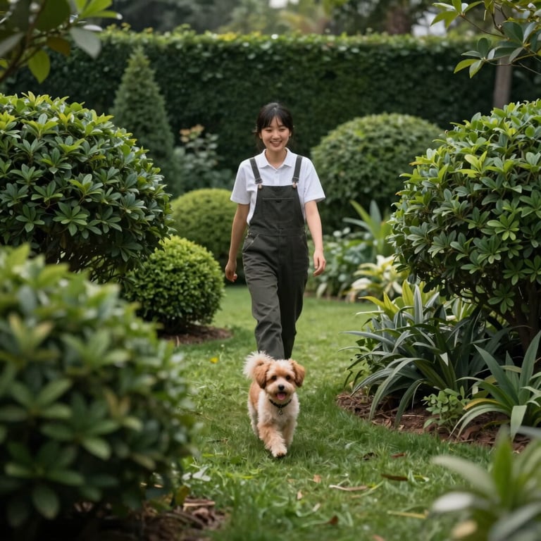 A friendly house sitter walking a small pet through a manicured garden with matte forest green foliage.
