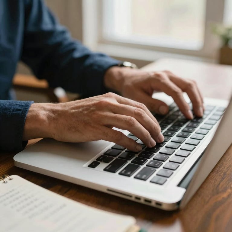 Close-up of hands typing on a laptop keyboard next to a notebook with handwritten goals, soft warm lighting, 35mm