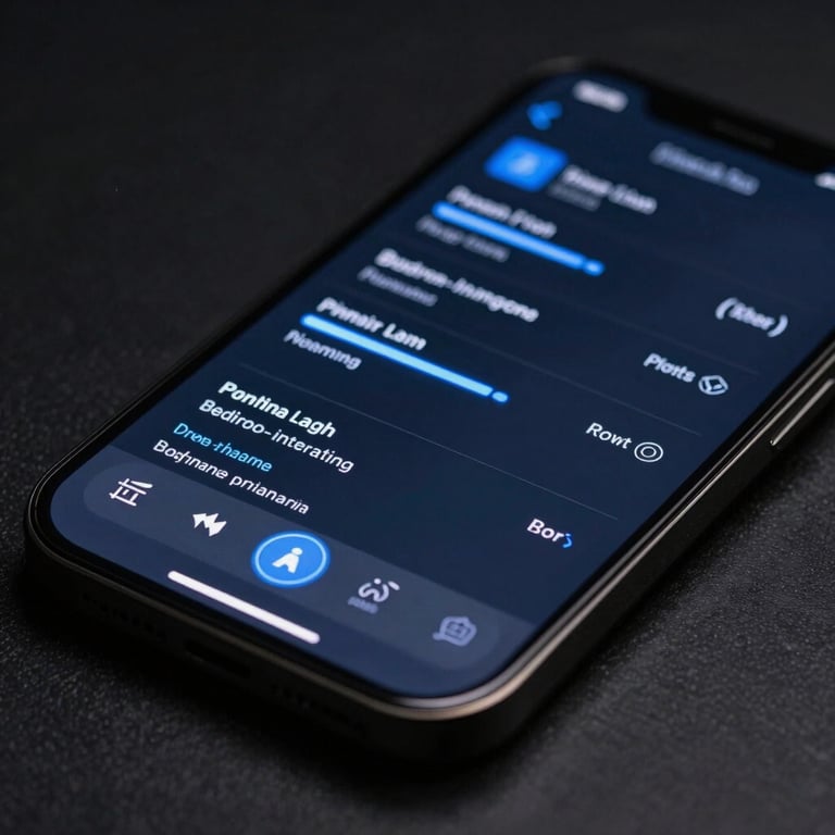 Extreme close-up of a high-fidelity iOS UI mockup on a physical iPhone screen, sharp neon blue key light highlighting precise micro-interactions, dark studio background.