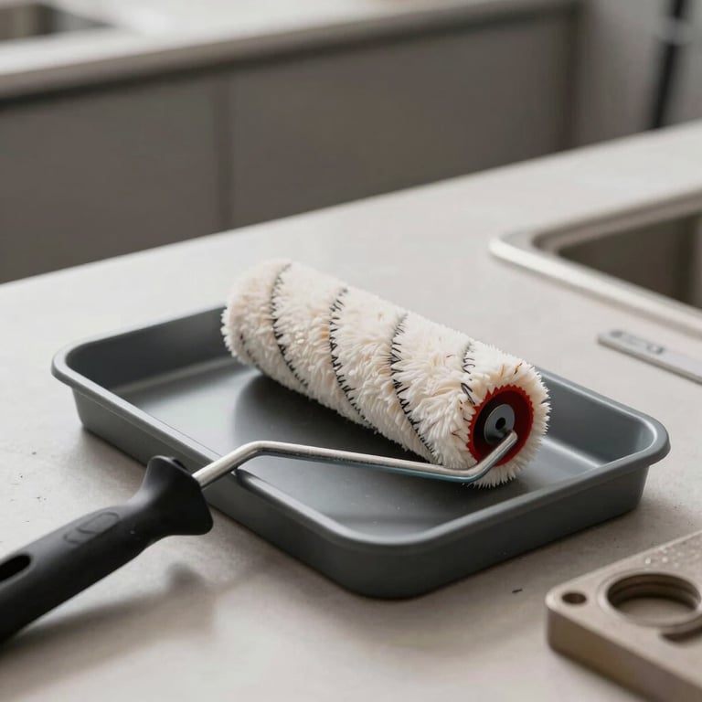 Macro photography of a high-quality paint roller and tray on a clean workspace within a sophisticated interior design project.