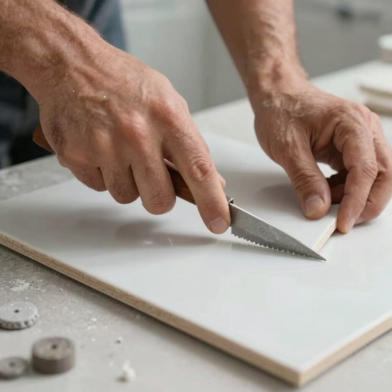 Detailed close-up of a worker's hands precisely cutting a porcelain tile for a custom bathroom installation.