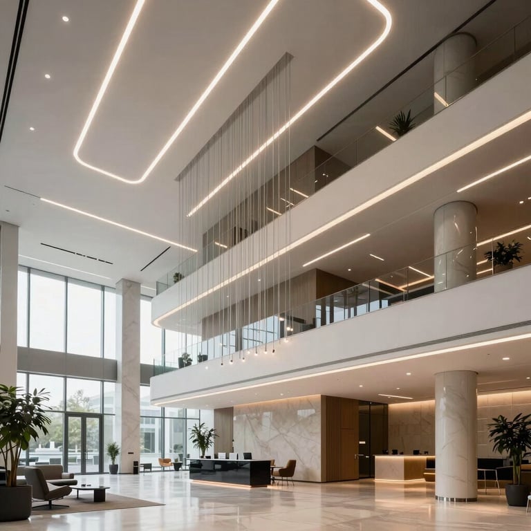 Professional shot of a luxury office lobby in Ankara featuring an intricate multi-level suspended ceiling with modern LED strip lighting.