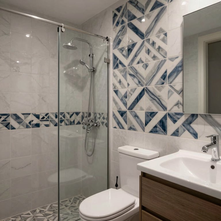 A modern bathroom renovation in a Turkish home featuring geometric ceramic tile patterns and high-quality finishes.