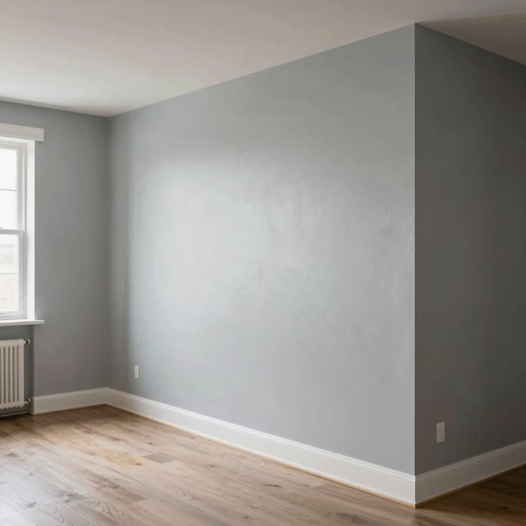 A freshly painted contemporary residential living room with perfect edges and a smooth, silver-toned accent wall.
