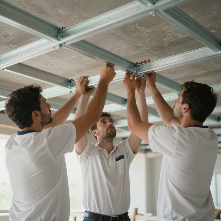 A small team of three professionals in clean work uniforms installing metal frames for a new ceiling project.