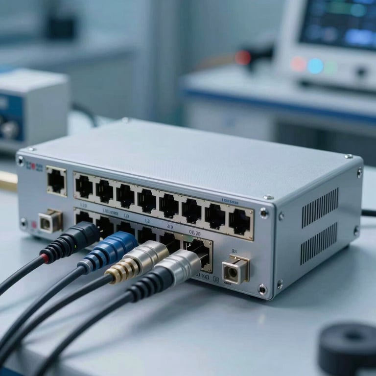 A detailed shot of high-quality networking hardware in a clean, professional lab environment with soft blue lighting.
