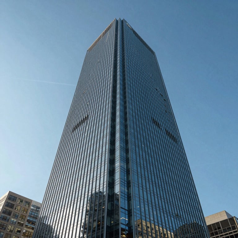 A low-angle shot of a sleek, glass-clad corporate skyscraper in a major North American city under a clear blue sky, projecting reliability and strength.