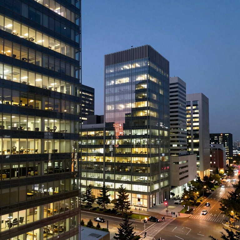 A dusk shot of a modern city center with illuminated office windows, symbolizing an efficient and always-on business environment.