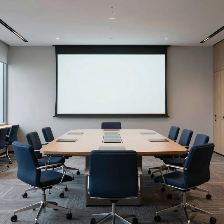 Interior photography of a minimalist, modern conference room with high-tech presentation equipment and navy blue chairs.