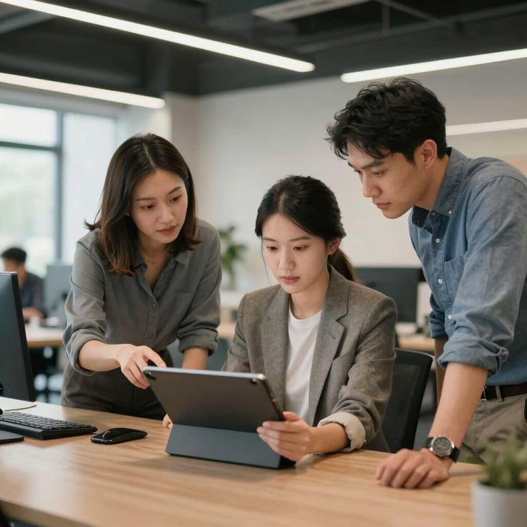 A team of professionals in business casual attire collaborating around a large tablet in a modern, open-concept North American workspace.
