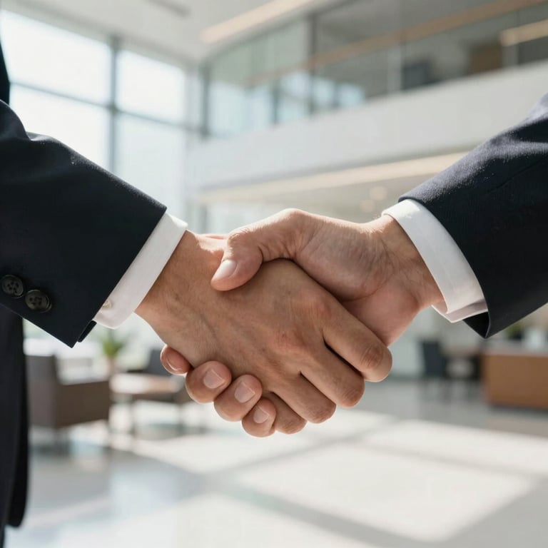 A close-up of a professional handshake in a bright, sunlit North American office lobby, representing trust and collaboration.