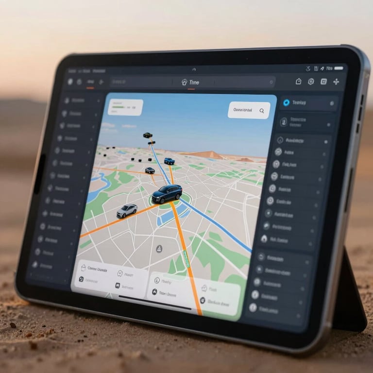 A tablet screen displaying a sophisticated real-time tracking dashboard with multiple vehicle icons on a map in dusty sky blue.