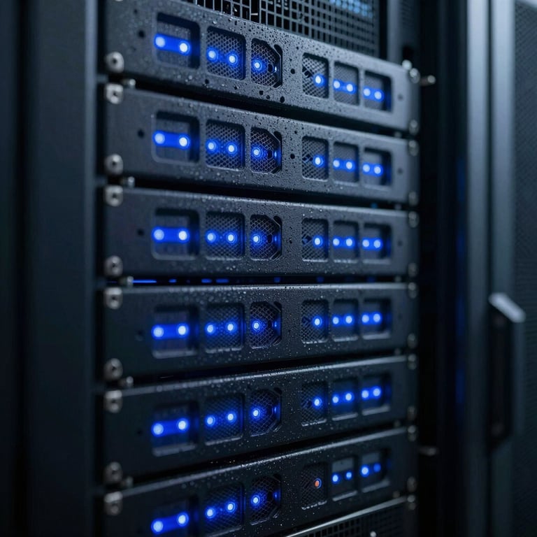 A close-up of a secure server rack in a data center, glowing with small muted petrol blue status lights.