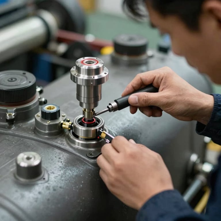 A technician's hands installing a precision fuel sensor into a heavy vehicle tank, showing professional tool work and metallic details.