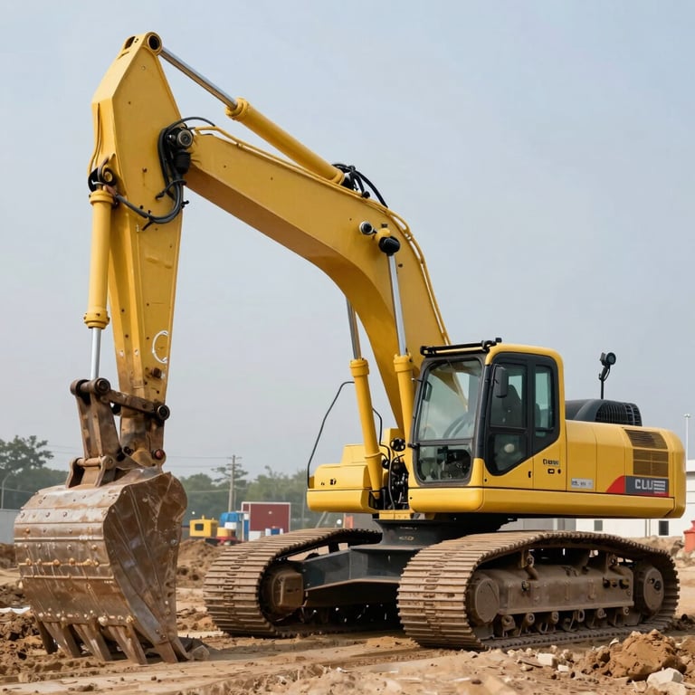 A massive yellow excavator working on a site, with industrial sensors visible on its arm, captured in sharp daylight.