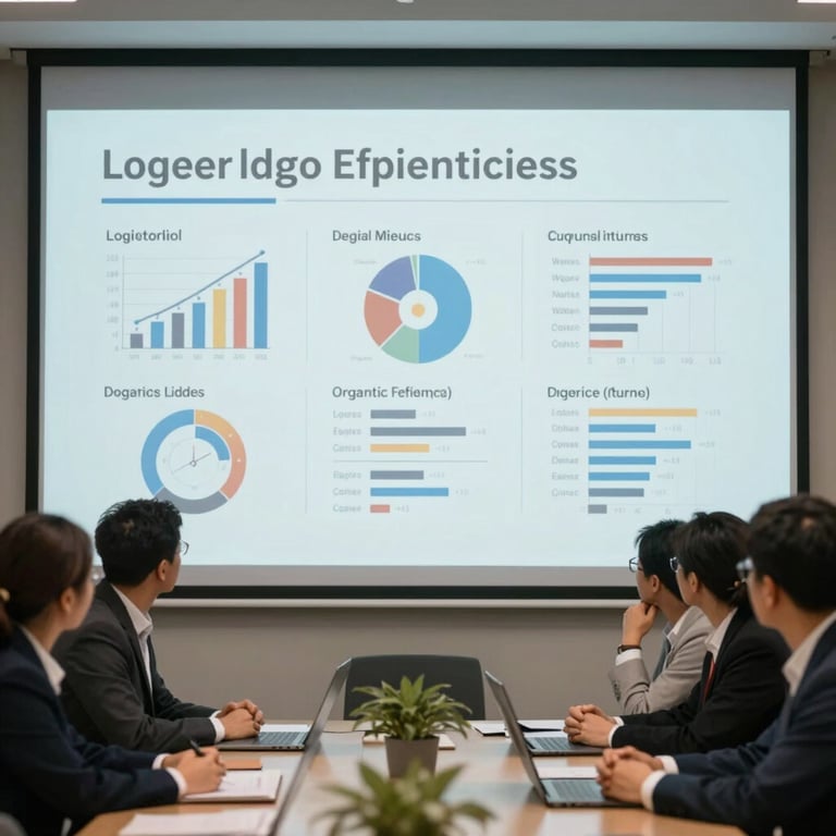 A professional team in a meeting room reviewing logistics efficiency reports on a large projection screen.