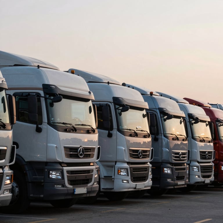 A fleet of logistics trucks parked in a row at sunset, with visible GPS antennas reflecting the soft pale mist light.