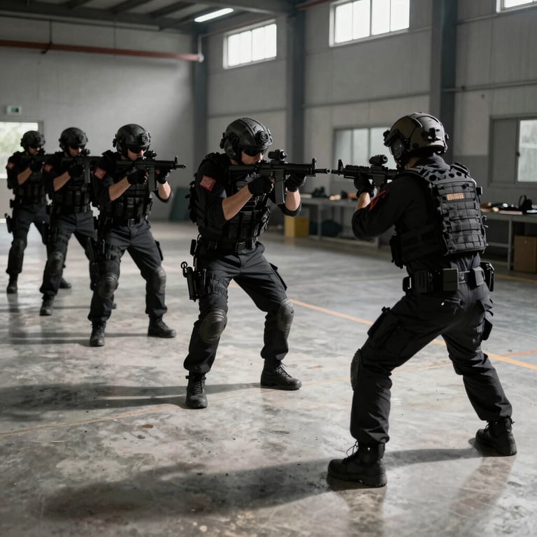 A tactical security training exercise in a professional facility, focused on defensive positioning and meticulous planning, dramatic shadows.