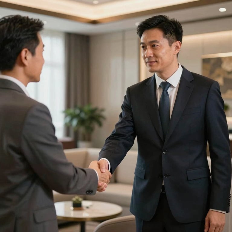 A professional security executive in a dark suit shaking hands with a client in a sophisticated contemporary lounge, authoritative yet discreet mood.