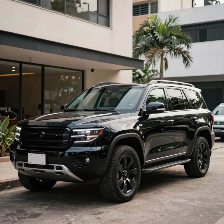 A sleek black armored executive SUV parked in a well-lit high-end driveway in a South American / Brazilian metropolitan area.
