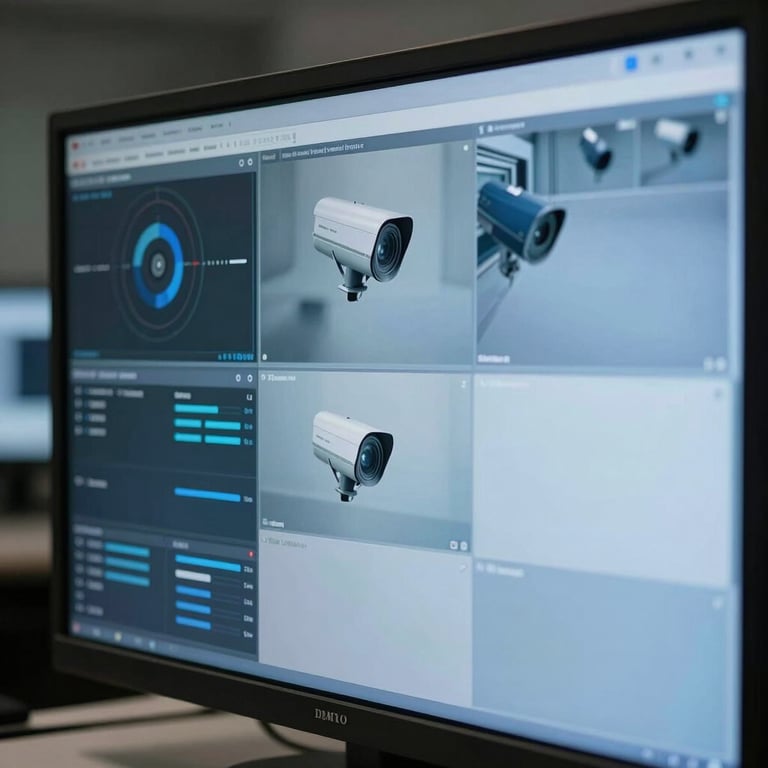 Close-up of a high-tech security surveillance dashboard with muted blue and light blue-grey interface highlights in a professional command center.