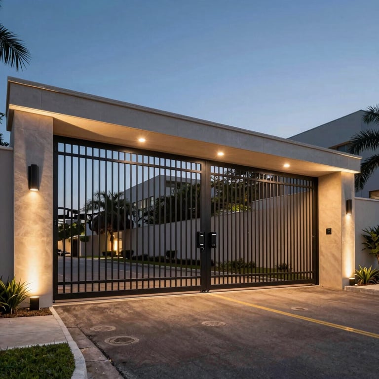 A luxury residential gate in Brazil at dusk, lighting highlighting the architectural security features and professional perimeter protection.