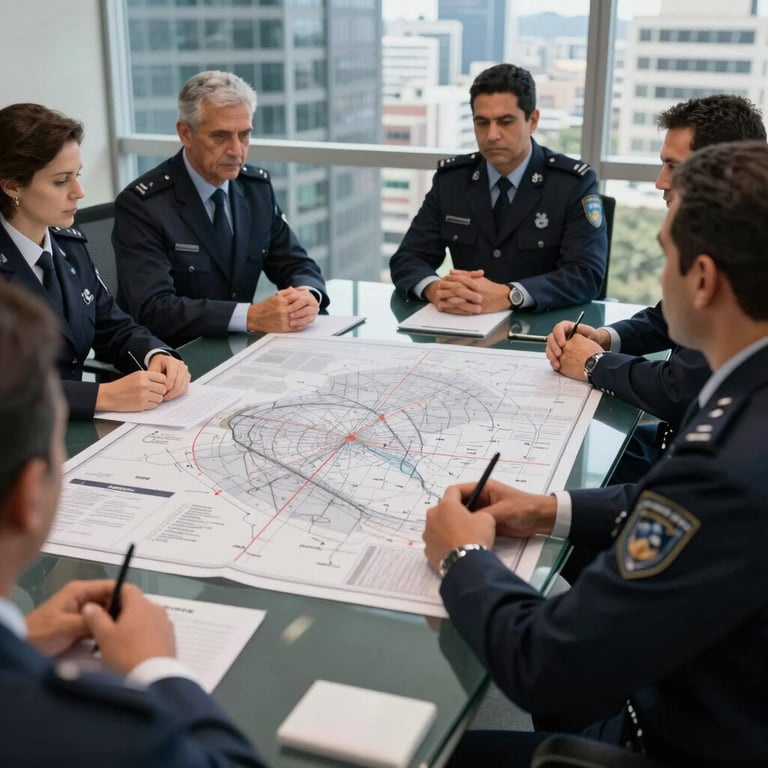Professional security team meeting around a glass table in a high-rise office in São Paulo, focused on strategic maps, off-white and dark navy color palette.