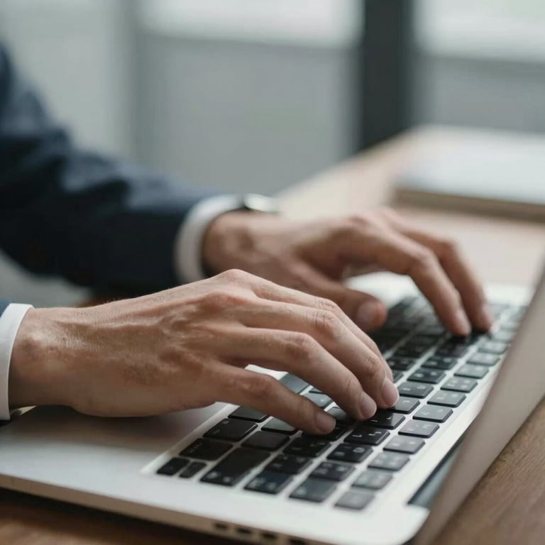 A pair of professional hands typing on a laptop, shallow depth of field, corporate mood.