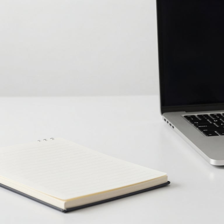 Minimalist shot of an organized desk with a high-end laptop and a notebook, using #EBF2F7 tones.