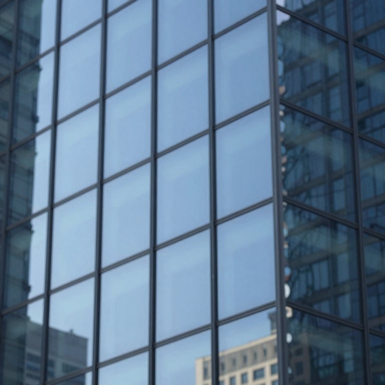 Macro detail of a corporate building's glass facade reflecting a blue sky, echoing #3E5C76.