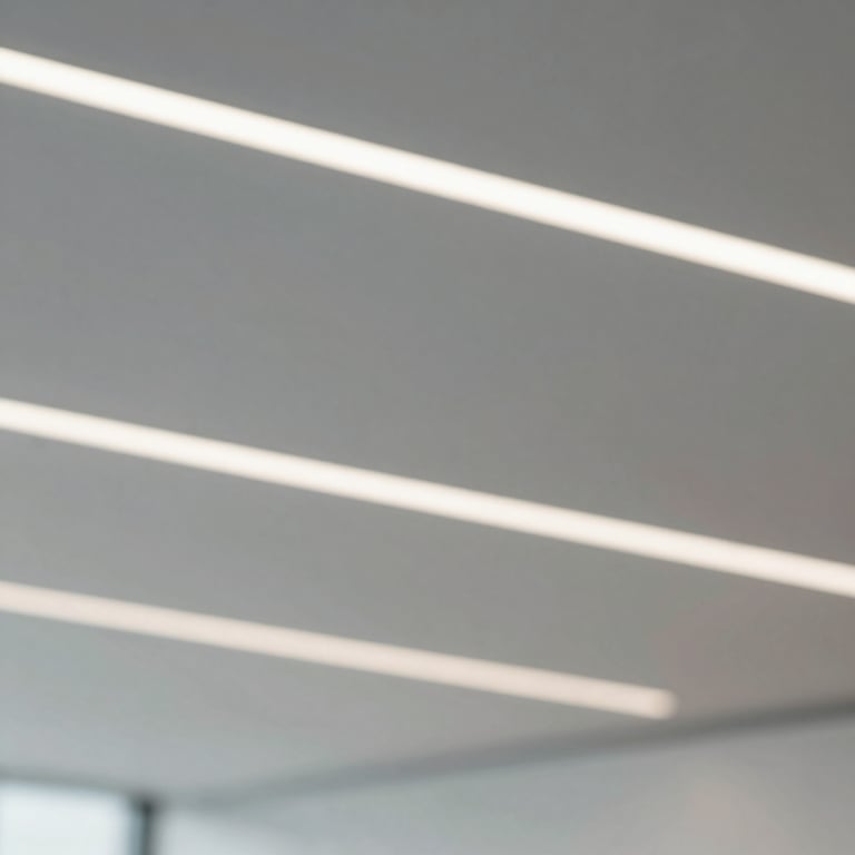 Abstract architectural lines of a contemporary office ceiling with soft corporate lighting.
