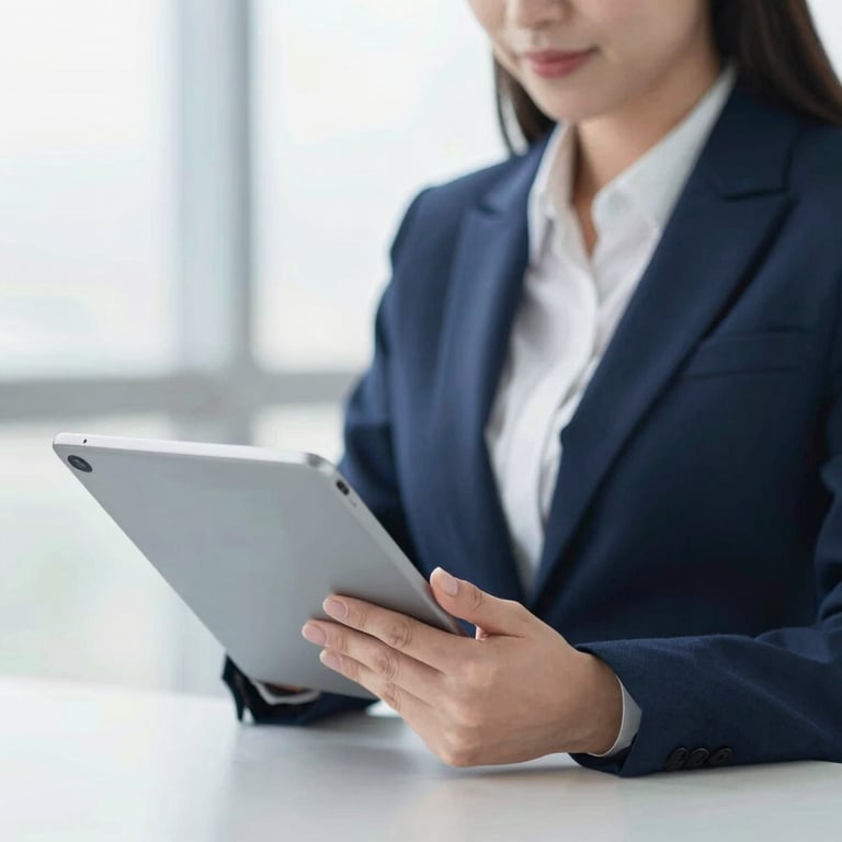 Close-up of a professional woman in a suit using a tablet in a bright office environment.
