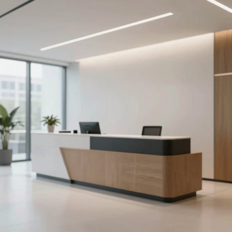 Sleek reception area of a modern office, emphasizing trust and cleanliness.