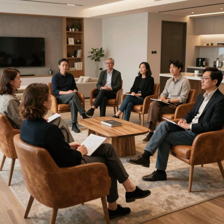A group of adults gathered in a modern living room for an educational session, warm leather chairs and natural wood decor.