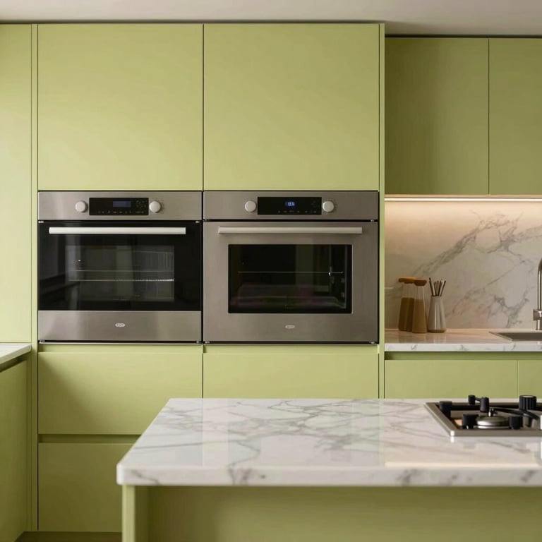 Interior of a high-performance kitchen with sleek all-electric appliances and marble countertops, soft lime green accents.