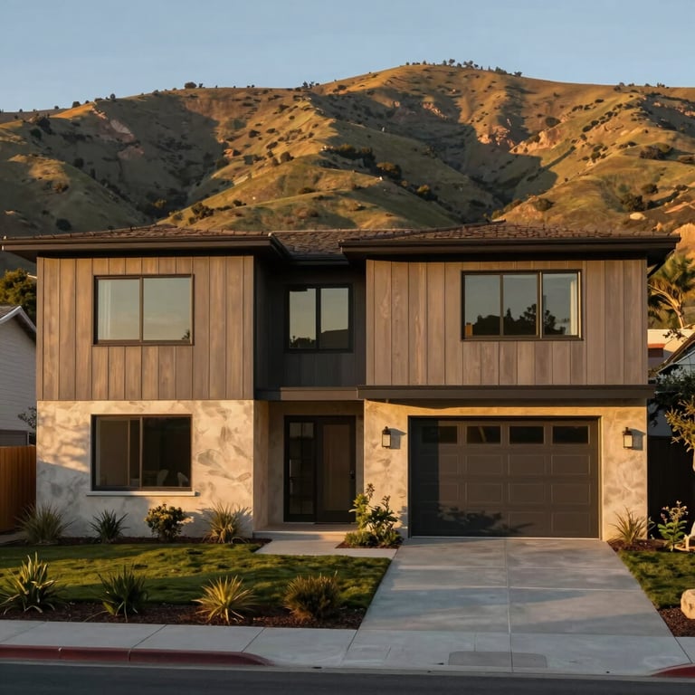 A wide shot of a modern fire-resilient home with non-combustible siding in a California hillside setting, golden hour light.