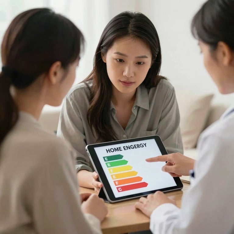 Consultant pointing at a tablet showing home energy efficiency metrics to a couple, empathetic and professional vibe.
