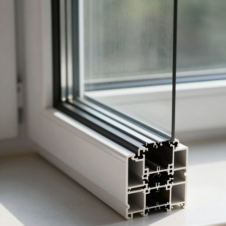 Detail shot of a triple-paned high-performance window frame showing technical insulation layers, crisp white and slate colors.