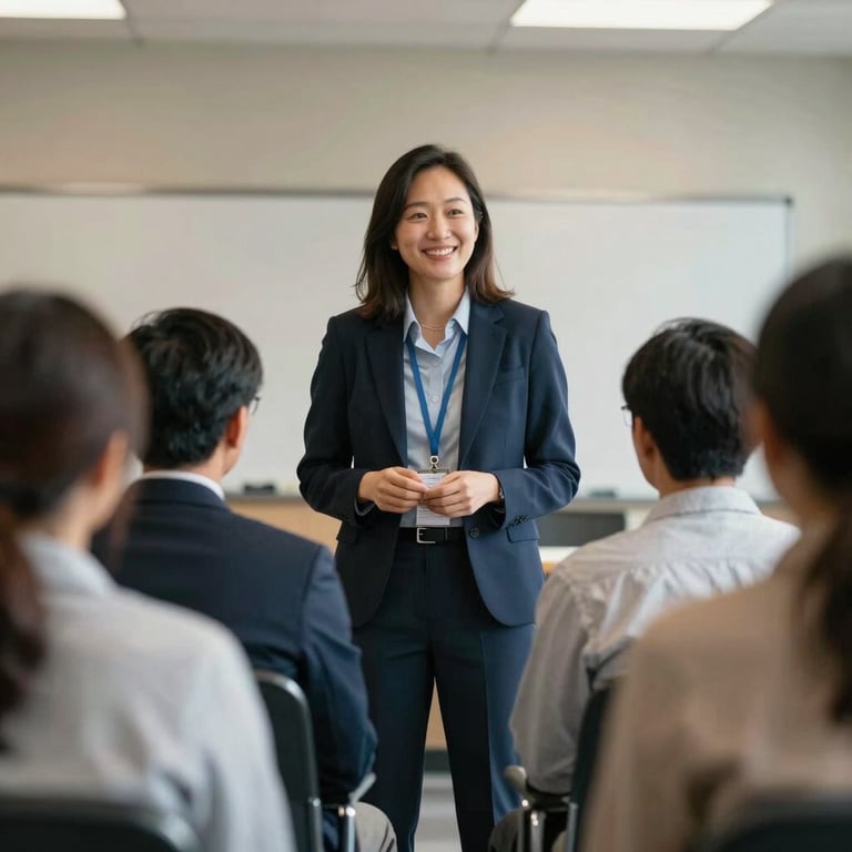 A consultant in professional attire speaking warmly to a group of people at a local community center, North American / US.