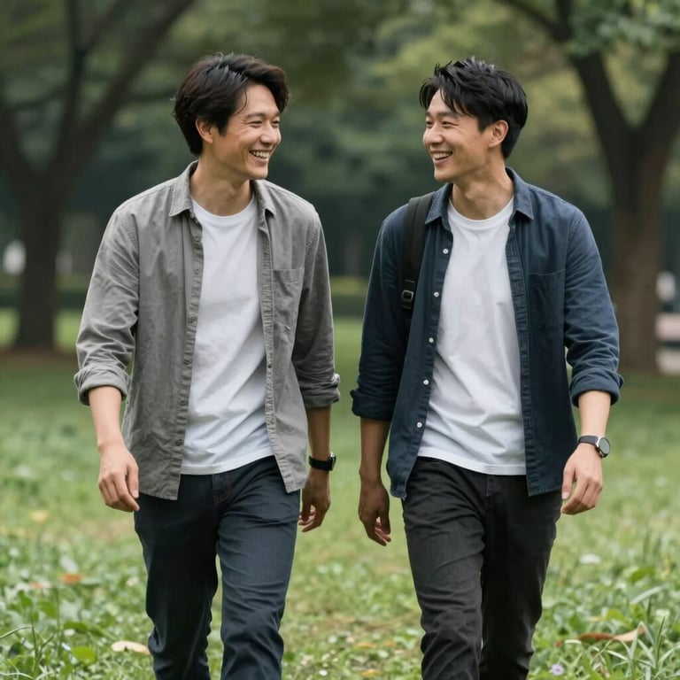 Two people walking together in a beautiful park, laughing and talking, representing healthy relationships and love in a holistic lifestyle.